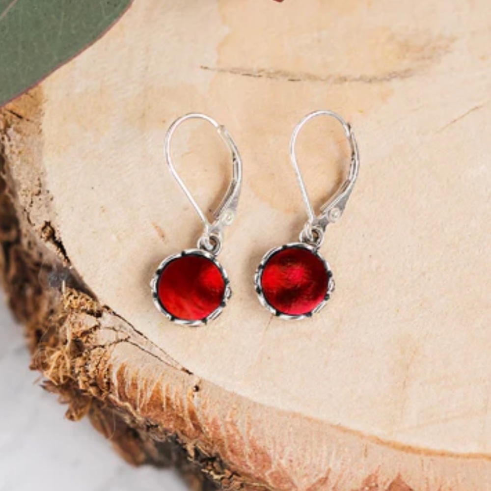 Recycled vintage glass Botanical Sterling Silver Lever Back Earrings ruby red